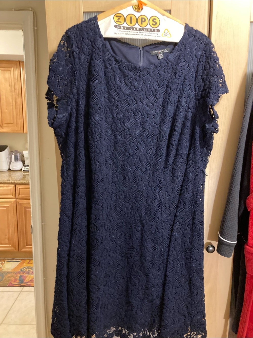 Sharagano Navy Lace Cap-Sleeve Shift Dress